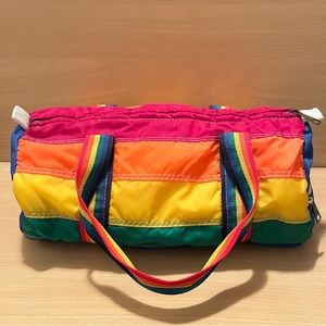 Vintage Rainbow Striped Duffel Bag 70s Retro 80s Vibe White Zipper Color Straps
